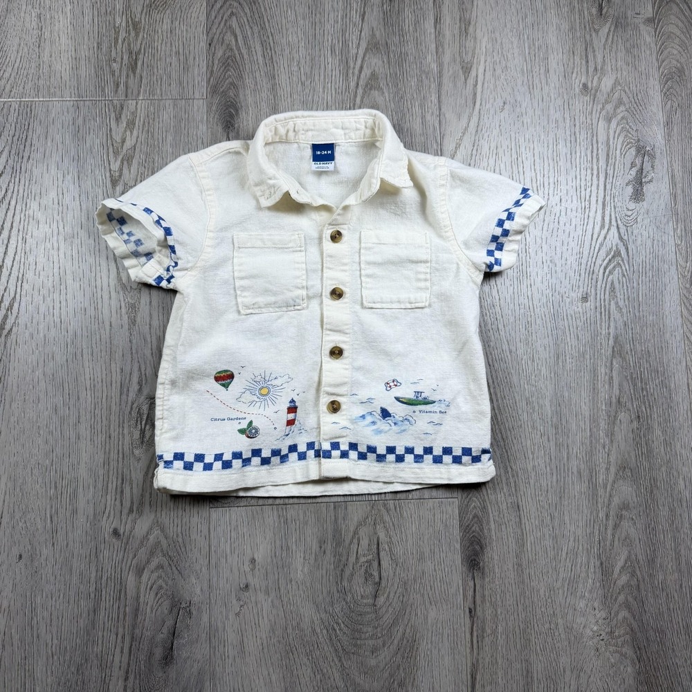 Old Navy Shirt Boys 18-24 Months White Linen Map Graphic Button Up Short Sleeve